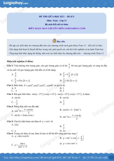 Đề thi giữa kì 1 Toán 11 Kết nối tri thức - Đề số 5